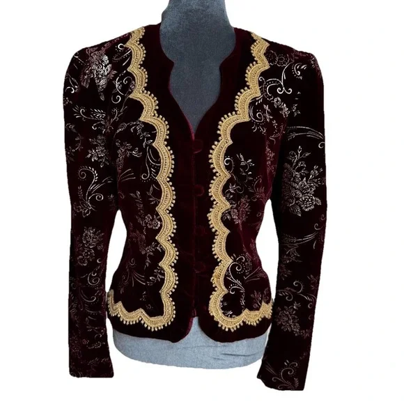Vtg 80s J McClintock Blazer Burgundy Gold Velvet Victorian Regencycore Boho - Picture 15 of 16